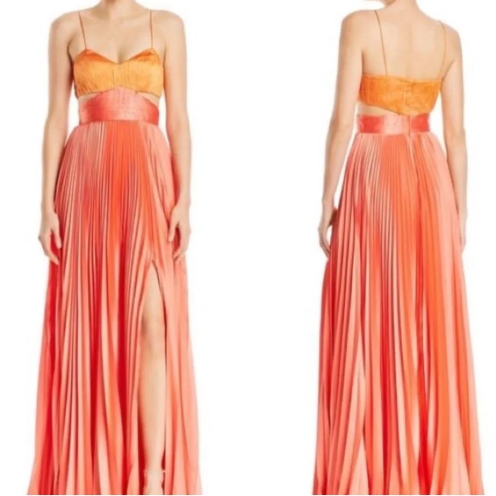 AMUR Elodie Pleated Colorblock Two Tone Maxi Dress in Coral Orange Sz 6 - Picture 7 of 7